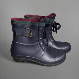 Navy Blue Hilfiger rain duck boots with gold buckle detail and lace-up design